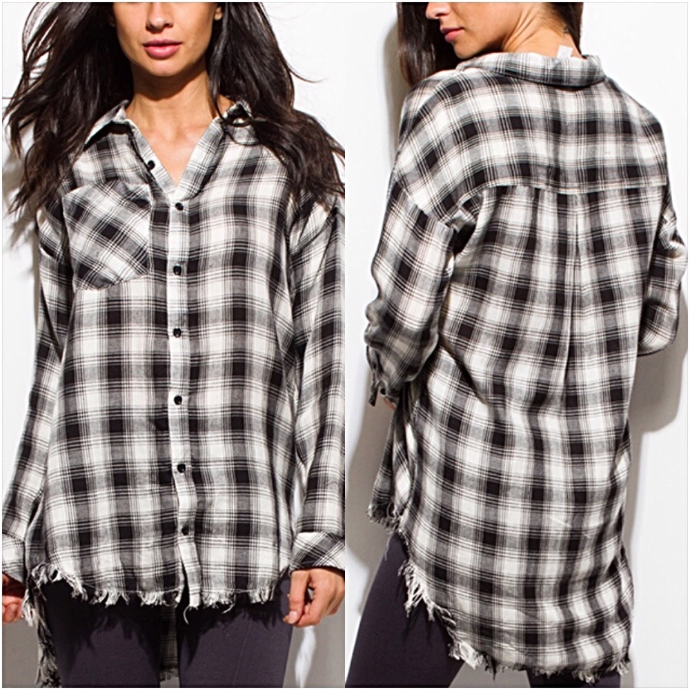 Frayed Hem Boho Plaid HiLow Tunic Shirt SML - Picture 4 of 8